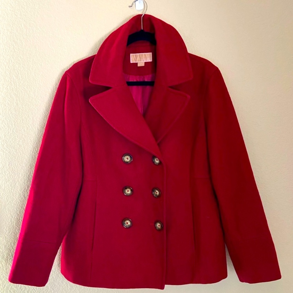 Michael Kors Wool Cranberry Red Pea Button Coat